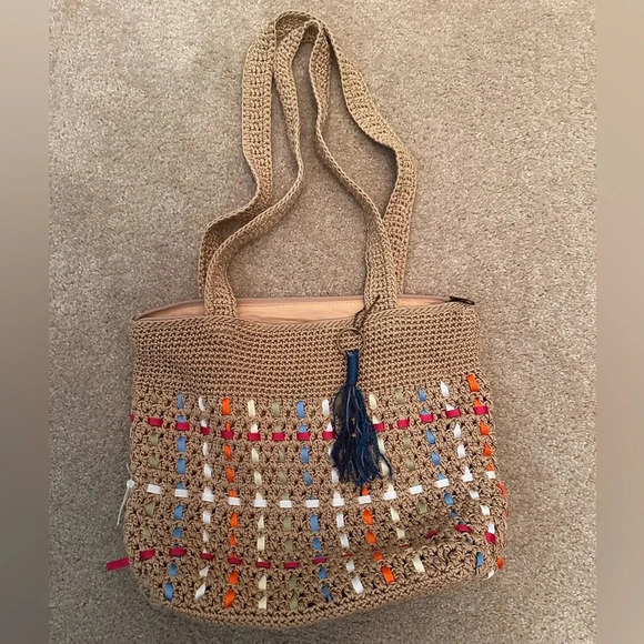 The Sak Y2K 90s Knit Crochet w/ Woven Ribbons Tan & Rainbow Purse. - Picture 1 of 10